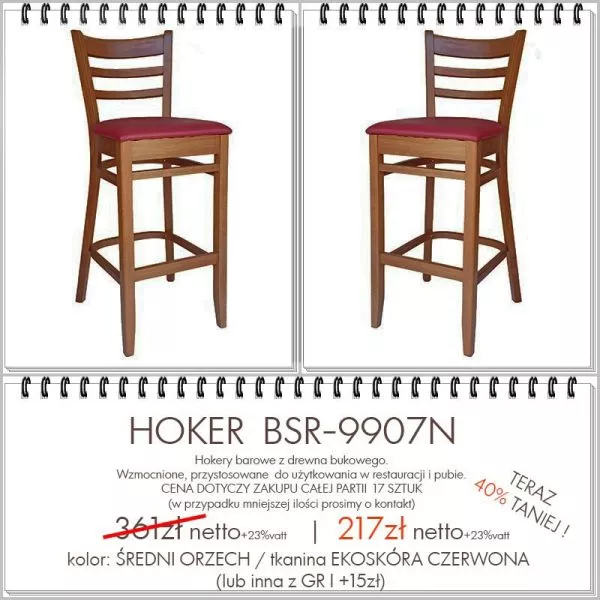 Hokery drewniane wyprzedaż rabat 40 %, hoker BSR-9907 z siedziskiem tapicerowanym typu Bistro, outlet Meble Radomsko